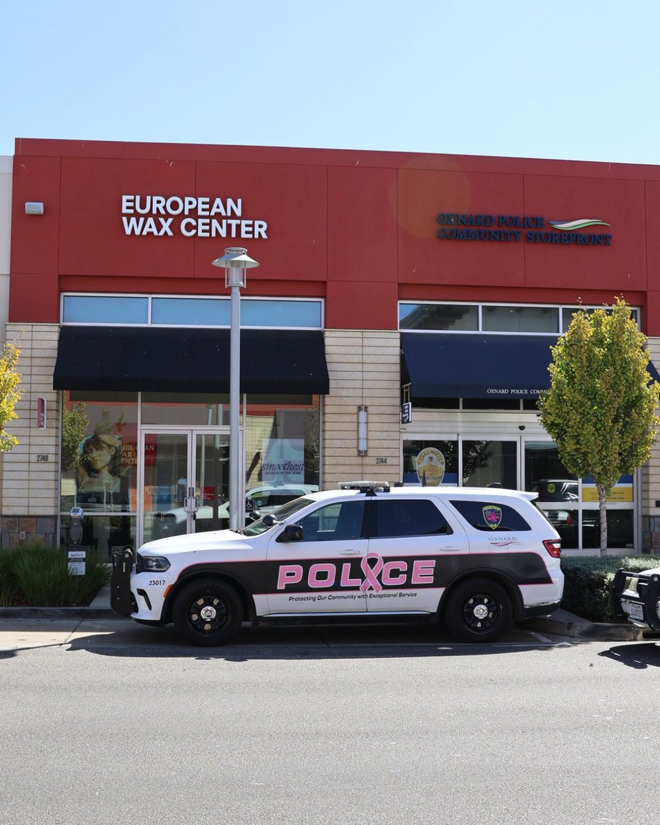 TheCollectionRP's tweet photo. The Oxnard Police Community Storefront at The Collection is showing its support for Breast Cancer Awareness Month with a pink-accented patrol car. https://t.co/tRUYhVXI6s