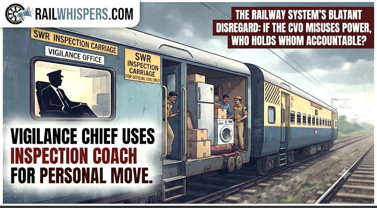 Railwhispers's tweet photo. 2/4
In June 2024, #Tiwari also misused a Railway Inspection Carriage (Saloon) to transport household items from Guwahati to Bangalore, then via railway trucks to Hubballi.
The #RailwayBoard established the case, and the #Lokpal ordered a full #CBI investigation upon his denial. https://t.co/E6mjyq6R34