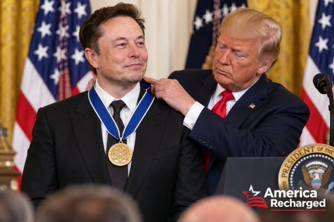 Trump_Acc_47's tweet photo. Trump calls Elon Musk a “national treasure” after awarding him the National Medal of Science. 🏅

Do you think Musk deserves this honor?

🅰️ Yes
🅱️ No

Share your opinion in the comments. 👇 https://t.co/fRLUdBVtw8