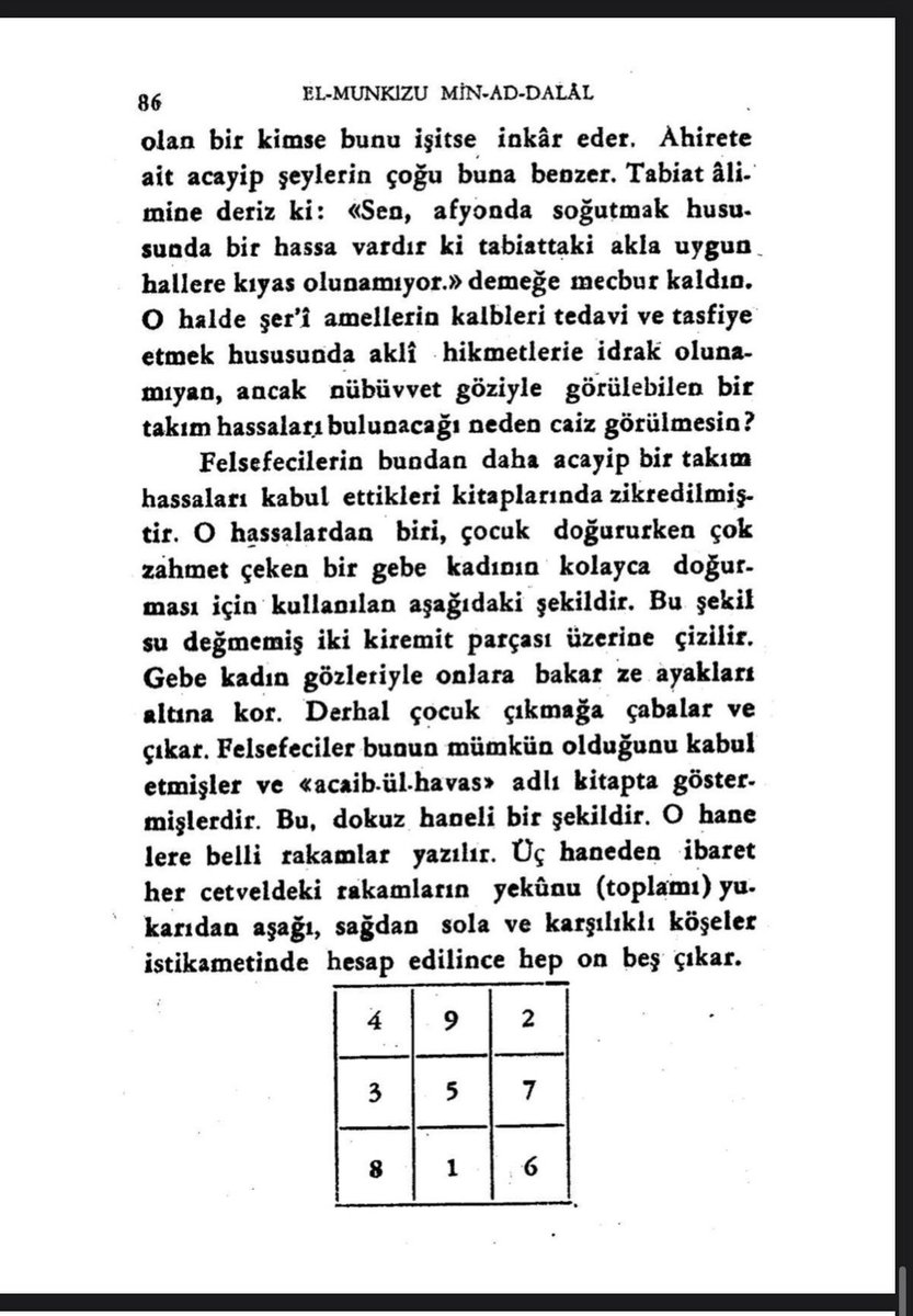 SaidAmidi_1's tweet photo. Abdulkadir! 
Belli ki sihir ve büyü nedir bilmiyorsun, vefk ve tılsım ilimleri gibi metafiziği ilgilendiren, ledünnî ilimlerin mahiyetinden bîhaber, ulemanın fetva verdiği mevzuları, sihir ve büyü ile karıştırıyor, Cübbeli Hoca Efendi'ye de iftira atıyorsun. İftiranın şer'i had cezasını da hatırlatmaya gerek yok.

bak şimdi sana  İmâm Ğazâlî rahimehullah el-Munkızu min-ed-Dalâl'nda, hazretin gebe bir kadına kolay bir doğum için yazılan terkibi gösteriyorum.

Bu şirk mi ? 

Bir de İmam Suyûtî rahimehullah'ın “er-Rahme fî’t-Tıb ve’l-Hikme” eserinde nasıl tılsım, vefki hastalıkların tedavisinde kullandığına dair bizzat eserinden sayfalar atacağım. 

Ve sen de bunları okuduktan sonra Cübbeli Ahmed Hocaefendi'ye attığın "sihir ve büyü" iftirasında Tevbe edecek, akiden için kelime-i şehadet getirecek ve hocaefendiden helallik isteyeceksin. 

Ya da Ğazâlî ve Suyûtî gibi ulemamızın bizzat cevaz verdiği ilimler hakkında sihir ve büyü demeye devam edecek, helal olana haram diyerek iman etmeye, inancına şirk bulaştırmaya devam edeceksin.

Buyur bizzat ulemanın eserlerinden;

(arapça bildiğin için tercüme etmeye hacet yok nasılsa)