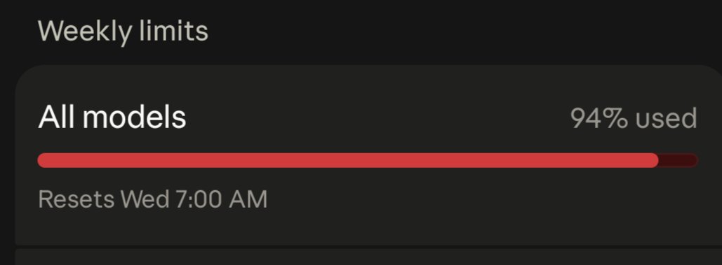 Razorwick's tweet photo. Been running Claude all day and miraculously my usage rate as only gone from 93% to 94%. Feels like a miracle! 🙌 https://t.co/gBPZOA5iIP