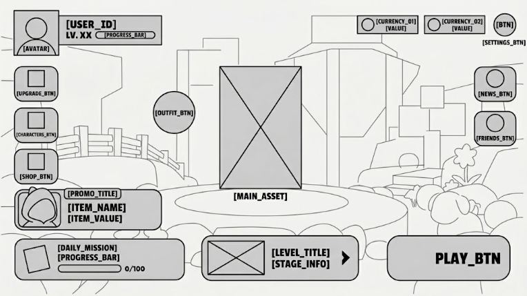 melonheroes's tweet photo. Wireframing the hero lobby for MM Heroes. The rule: one clear action. Play sits bottom right in the thumb zone, the hero owns the center, and everything else orbits around them by priority.
#gamedev #UIdesign #gamedev #indiedev #indiegame #indiegamedev https://t.co/R178c773MT