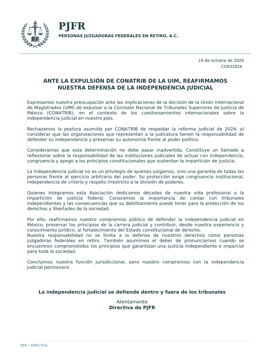 pjfrmex's tweet photo. La independencia judicial exige hechos y congruencia.

Ante la expulsión de CONATRIB de la UIM, desde PJFR rechazamos su postura frente a la reforma judicial de 2024.

Reafirmamos nuestro compromiso con la independencia judicial y la división de poderes.

#PJFR #CONATRIB https://t.co/jiHSwwVBvA