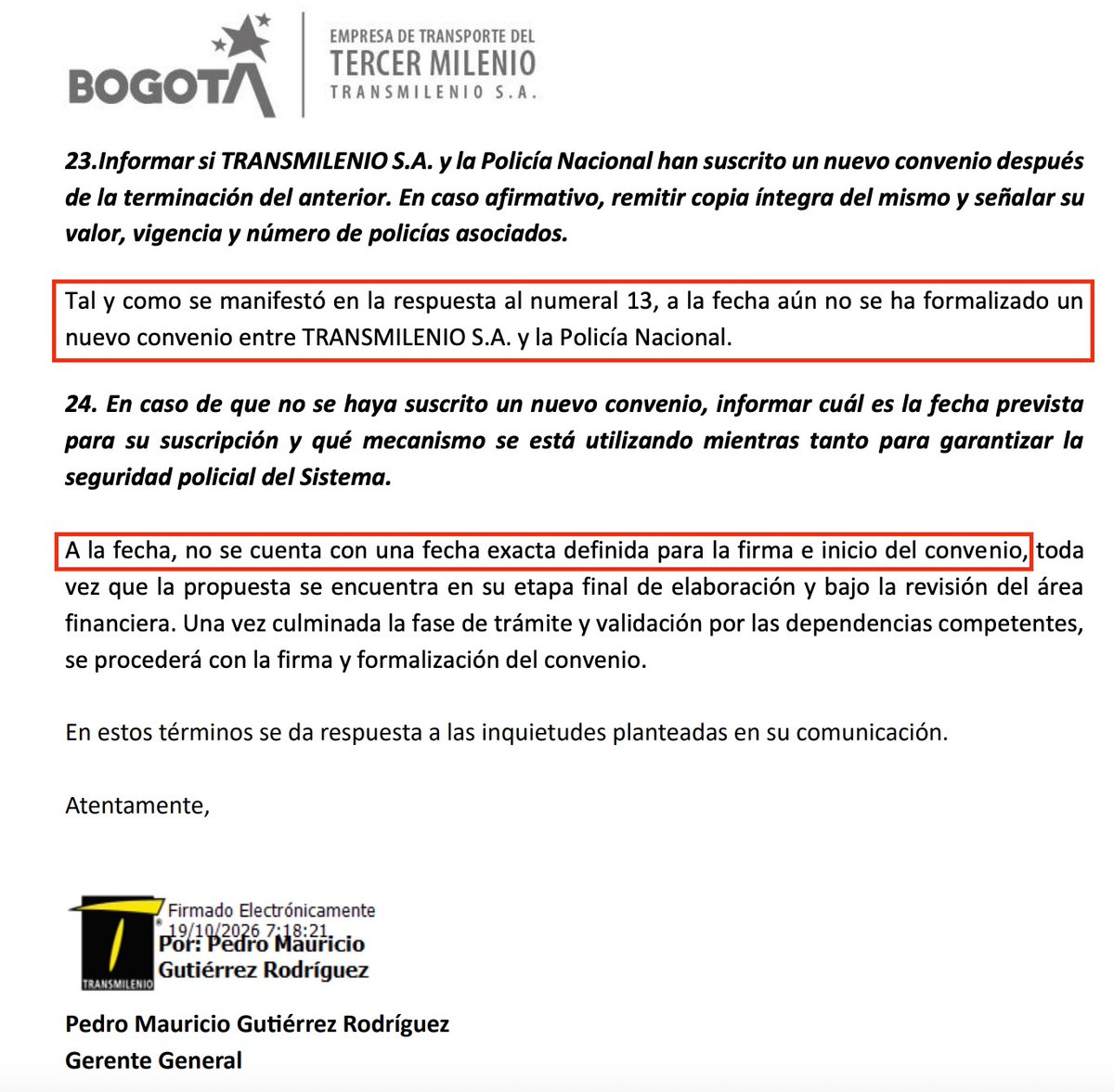 dianadiago's tweet photo. ¡Esto es gravísimo!

¡ @TransMilenio  sin policía!  NO HAY FECHA para firmar el nuevo convenio de seguridad con la Policía de Bogotá. 🚔

El convenio anterior se venció el 22 de agosto y, casi dos meses después, la respuesta del gerente de @TransMilenio  es que el nuevo acuerdo sigue “en revisión”. Mientras la inseguridad golpea el sistema. 

¿Hasta cuándo @CarlosFGalan  va a seguir improvisando con la seguridad de los bogotanos?

📢 ¡Compartan para que todos los bogotanos conozcan lo que está pasando!