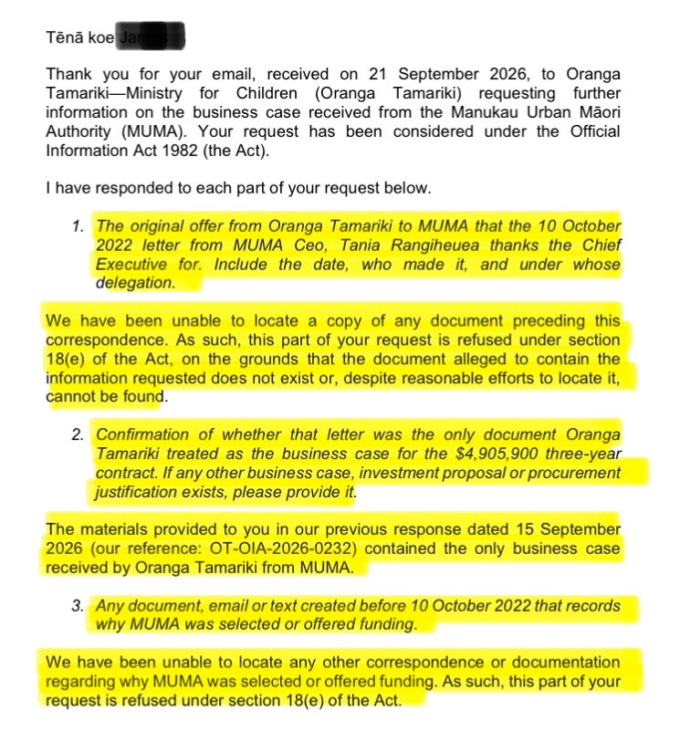 Suitandtie9999's tweet photo. Serious questions need to be asked regarding a contract previously awarded to an organisation run by a sitting Labour MP’s wife.

OIA documents now confirm that Oranga Tamariki (OT) awarded a nearly $5 million, three-year contract to the Manukau Urban Māori Authority (MUMA), the organisation led by Tania Rangiheuea, wife of senior Labour MP Willie Jackson, without even receiving a business case.

OT treated a thank-you letter from Rangiheuea as the “business case” but the letter was thanking then CEO, Chappie Te Kani, for the offer of funding he had already made.

When asked under the OIA for any record of that offer, OT said it could not find one and refused the request under section 18(e) because the document does not exist or cannot be found.

It gets worse. OT’s own funding team was bypassed and the deal was agreed at CEO level, only afterwards did staff raise concerns about budget double counting and social worker rates that did not match existing contracts.

The budget was only “indicative” because MUMA had not even reviewed the files, it had no beds for half the youth and there was no competitive process.

The only performance “KPIs” listed are simply:
“Provide some recent examples of results being achieved with clients, in particular improving outcomes for tamariki Mãori and their whänau (eg changes in skills, knowledge, attitude, behaviour, or circumstances). If relevant, use a case study.” - there are no targets or measurable outcomes listed for a multi million dollar taxpayer funded contract.

This is a no-bid, high-value contract awarded to an organisation led by a Labour MP’s wife, with no locatable starting offer or business case, no proper funding review, soft narrative reporting, no targets, baselines, or verifiable outcomes and budget problems spotted only after the decision to award the contract had been made.

This is particularly concerning as both Chris Hipkins and Willie Jackson are now promoting significant devolution of services to Māori, which will mean even less oversight.