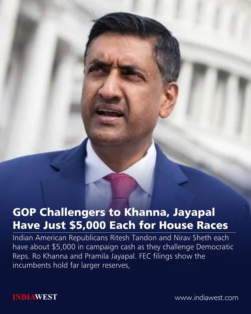 indiawestnews's tweet photo. Indian American Republicans Ritesh Tandon and Nirav Sheth reported about $5,000 each in campaign cash while challenging Democratic Reps. Ro Khanna and Pramila Jayapal, FEC filings show.

Read More: https://t.co/4GmXKr2Qr7

#IndianAmerican #USPolitics #ElectionNews https://t.co/JtLF93sOyb