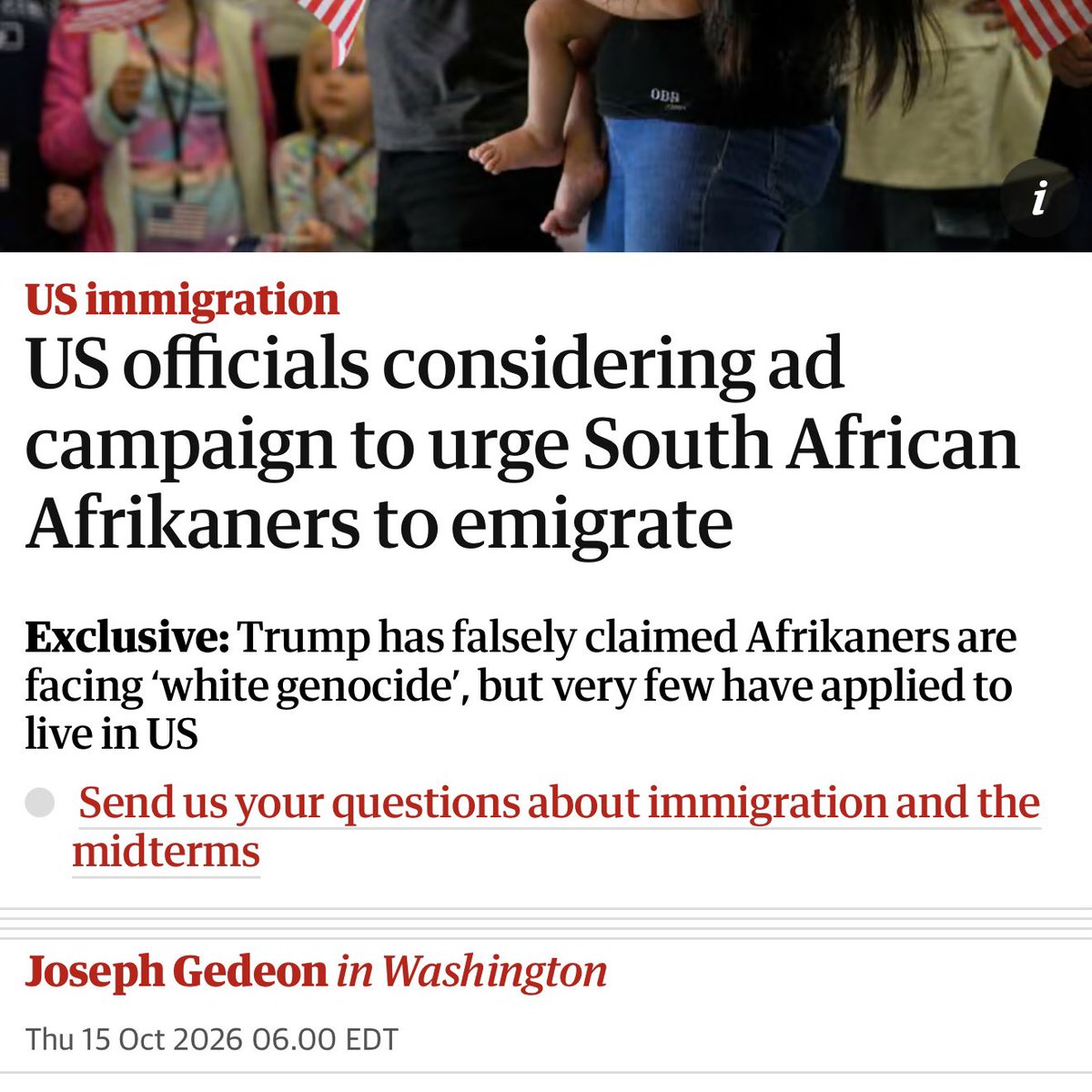 A screenshot of a newspaper website article about US officials considering an advertising campaign encouraging South African Afrikaners to emigrate. The top shows a cropped photo of people, including a child being carried and small US flags. The article headline, summary, a link, byline, and publication date are visible.