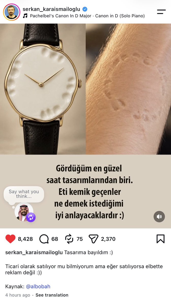 albobah's tweet photo. الدكتور التركي Serkan Karaismailoğlu
الباحث في علم الأعصاب نشر تصميم ساعتي لمتابعيه أكثر من 728 ألف وكتب:

«أحد أجمل تصاميم الساعات التي رأيتها على الإطلاق، ومن مرّوا بتجارب وصلت إلى أعماقهم سيفهمون ما أقصده، أُعجبت بالتصميم جدًا، لا أعرف إن كانت الساعة تُباع تجاريًا، وإن كانت كذلك فهذا بالتأكيد ليس إعلانًا مدفوعًا».

جميل أن تتجاوز الفكرة حدود اللغة والجغرافيا، وأن يتحدث التصميم عن نفسه

#ساعة_العضة