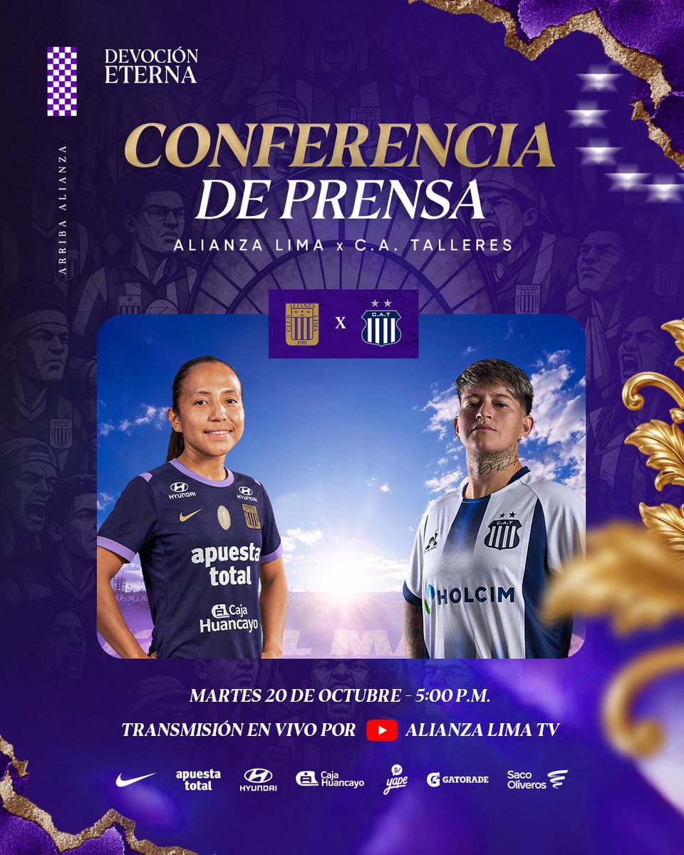 AlianzaLimaFF's tweet photo. ¡Conferencia de Prensa! 💜🎙️ 

Amistoso Internacional ante C.A. Talleres 🇦🇷

🗓️ 20/10
⌚️ 5:00 p.m.

🎥 Transmisión en vivo por YouTube Alianza Lima TV. https://t.co/be38aJHCB3