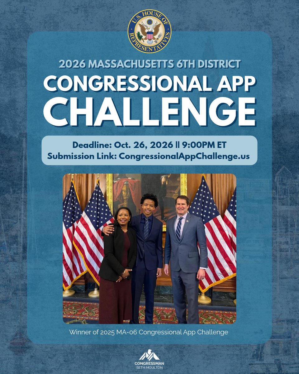A blue promotional poster for a congressional app challenge, featuring the U.S. House of Representatives seal at the top and a photo of three people standing among American flags. There is text throughout the poster and a congressional office logo at the bottom.