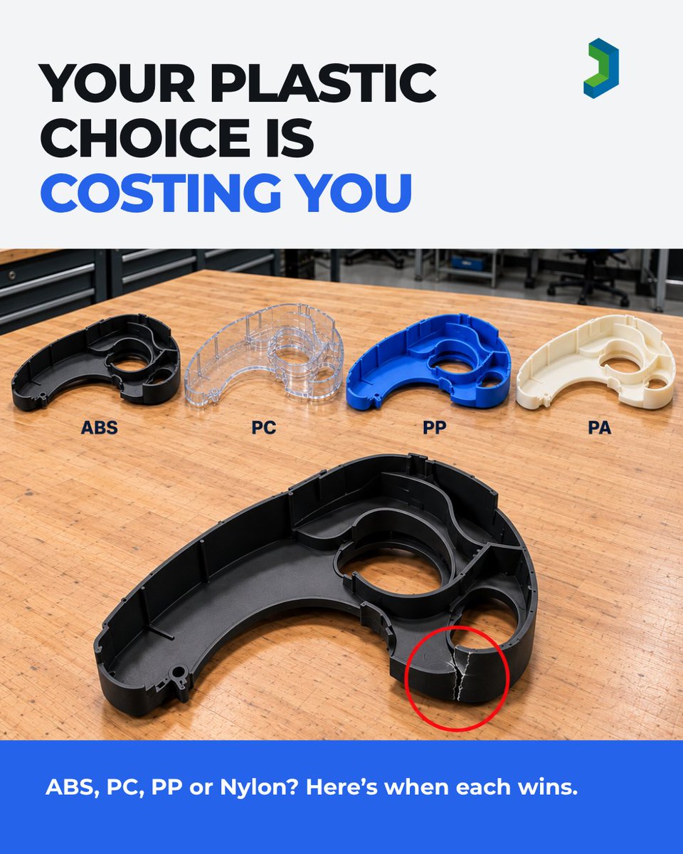jayconsystems's tweet photo. Your plastic choice is costing you.

ABS for housings. Polycarbonate for impact and clear parts. Polypropylene for living hinges. Nylon for gears and wear.

Upload your CAD and get an instant injection molding 
quote: https://t.co/VPWurL15KW

#InjectionMolding #jaycon https://t.co/BQ5ineG7xL
