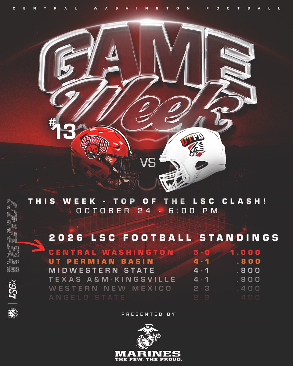 CWUAthletics's tweet photo. Here we go again❗️😮‍💨

The ‘Cats take on UTPB, presented by the Marines, this week at home in a battle that has huge postseason and LSC implications ❗️🚨

Come out and support your ‘Cats to victory this Saturday at 6 PM from Tomlinson Stadium 🗣️

#reigncrimson https://t.co/kjsJGwkcry