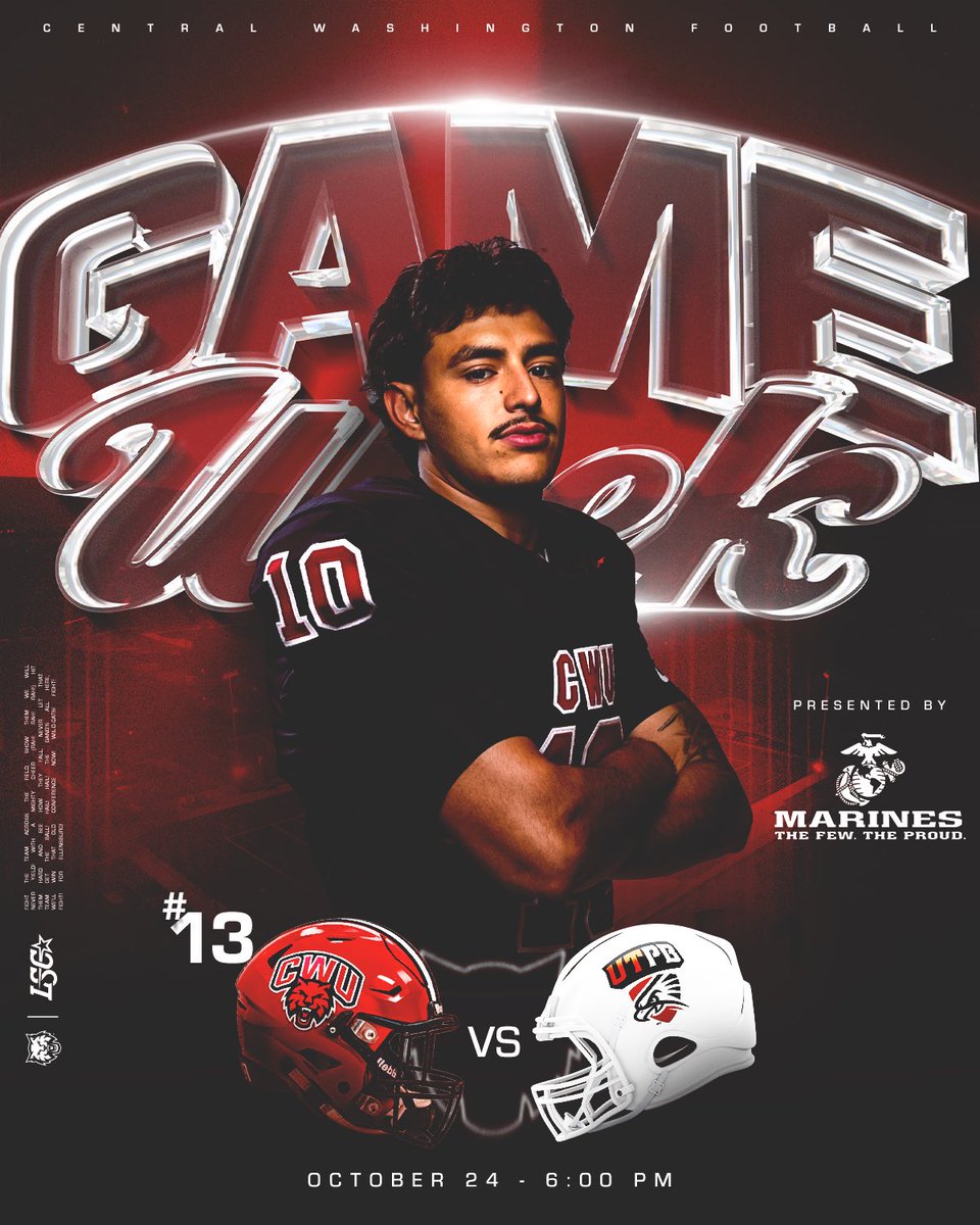 CWUAthletics's tweet photo. Here we go again❗️😮‍💨

The ‘Cats take on UTPB, presented by the Marines, this week at home in a battle that has huge postseason and LSC implications ❗️🚨

Come out and support your ‘Cats to victory this Saturday at 6 PM from Tomlinson Stadium 🗣️

#reigncrimson https://t.co/kjsJGwkcry