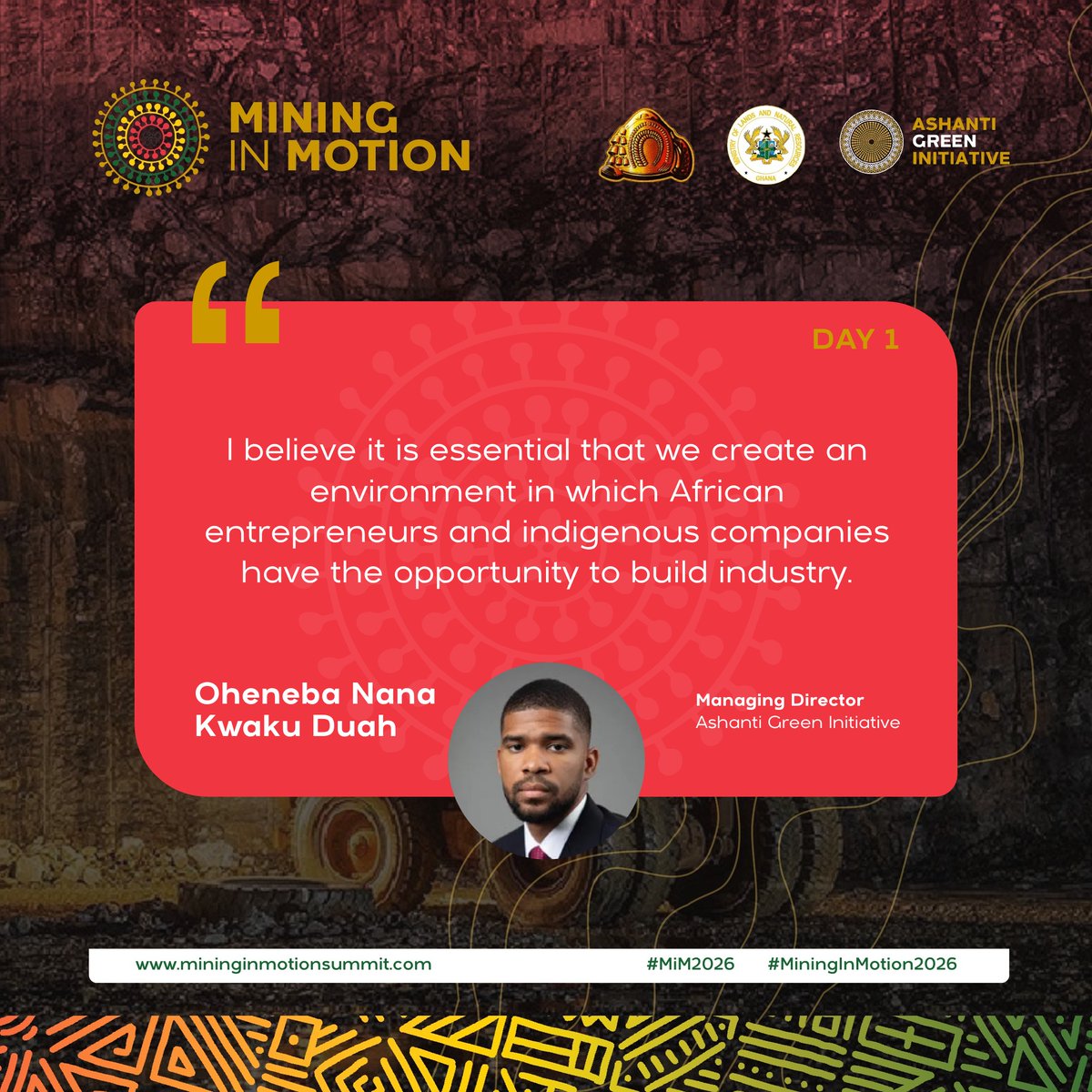 mininginmotion's tweet photo. Highlights from the welcome address by Oheneba Nana Kwaku Duah, Managing Director of Ashanti Green Initiative, delivered at the Mining in Motion Summit 2026 in Accra, Ghana.

#MiningInMotion #MiM2026 https://t.co/PJsVP1RWmF