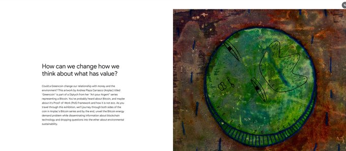 Smilleey's tweet photo. This could be the coin we are looking for. The artcoin or the $Greencoin

This exhibition is hosted on the official Google Arts & Culture platform.   

The title is Crypto is(n’t) Eco: Two sides of the same coin Artwork by Andrea Plaza Carrasco  

You can see the art of every coin with a meaning of it at 
https://t.co/wSDp8fIGbJ 

Could a $Greencoin change our relationship with money and the environment?  

One side of the artworks often looks beautiful or nature-oriented; the other carries expressions of fatigue, warning, or critique. The exhibition presents crypto’s problems alongside possible social and environmental uses rather than dismissing the technology outright.

$Greencoin