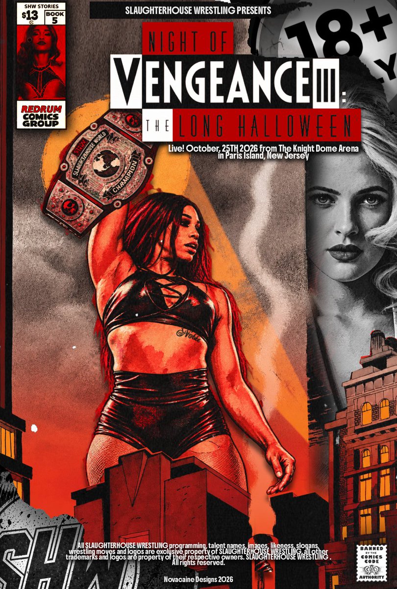 ShWfed's tweet photo. Hello! I am very excited to announce that the line up of NIGHT OF VENGEANCE III: THE LONG HALLOWEEN is posted!

Hope to see you all on the 25th of October when our first PPV of BOOK 5 will be LIVE from the Knight Dome Area in Parud Island, NJ! 

       — The Warden ☆ https://t.co/0fHRWmwBBv