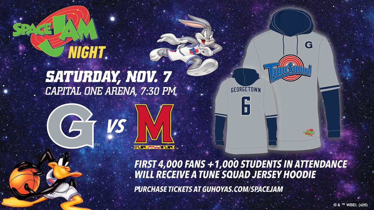 GeorgetownHoops's tweet photo. What's Up, Tune Squad?! The Georgetown Hoyas are hosting Space Jam Night on Saturday, Nov. 7th at 7:30 PM at Capital One Arena.

FREE Tune Squad hoodie for the first 4,000 fans + 1,000 students

© &amp; Warner Bros. Entertainment Inc.

🎟️: Visit https://t.co/LjBm4zjohD for tickets https://t.co/ZCRc686EXs