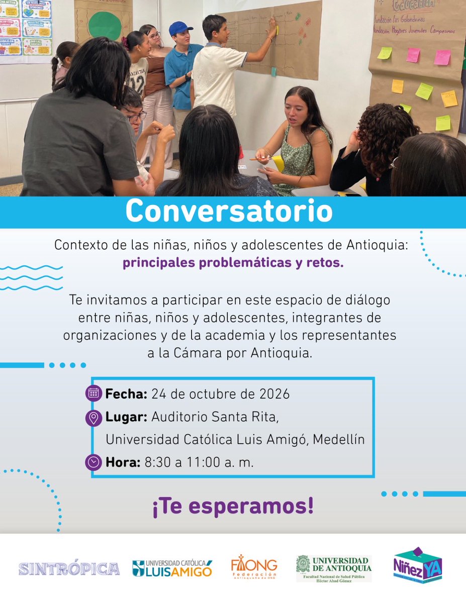 Ninez_Ya's tweet photo. Este 24 de octubre, NNA de Antioquia dialogarán con representantes a la Cámara sobre las principales problemáticas que enfrentan y los retos para garantizar sus derechos.

Acompáñanos en este espacio de diálogo y reflexión.

Inscríbete 👉 https://t.co/uhZnTtKvAo
#NiñezYAAntioquia https://t.co/VfgEGO3NuQ