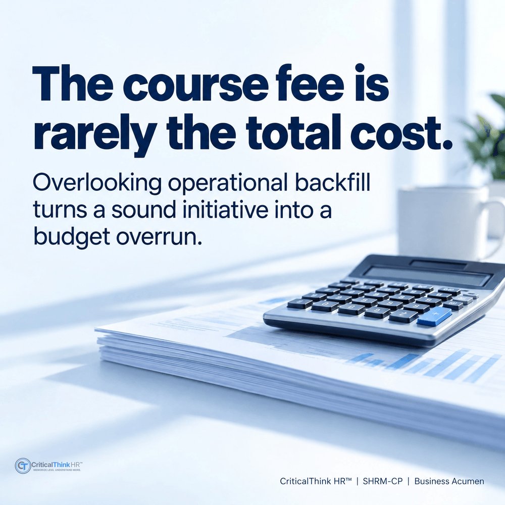 CriticalThinkHR's tweet photo. Evaluating 2 training formats: $2.5k (2 shifts) vs $4.5k (1 shift). Both save $12k. Budget cap is $8k. But paid shift coverage is still uncalculated. Do you run ROI now, negotiate vendor fees, or wait for coverage data? Sound HR requires full costing. https://t.co/auyDwXjiQU