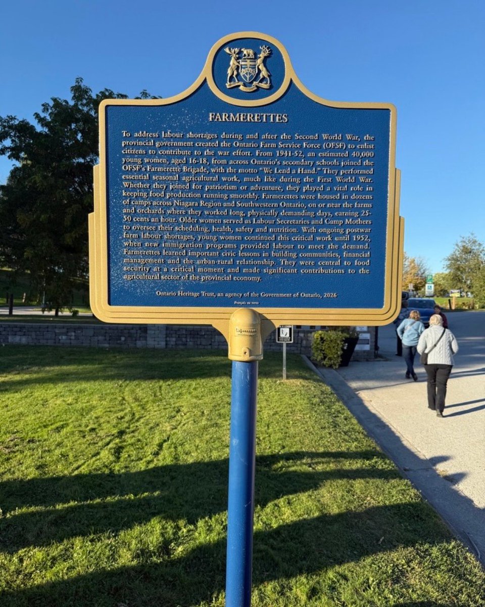 ONheritage's tweet photo. Today, the Ontario Heritage Trust unveiled a new provincial plaque to commemorate them — the Farmerettes who planted, cultivated and harvested fruit and vegetable crops from 1941-52.

Read the full media release: https://t.co/n0CExGpnv7 https://t.co/jhLEK65LqC