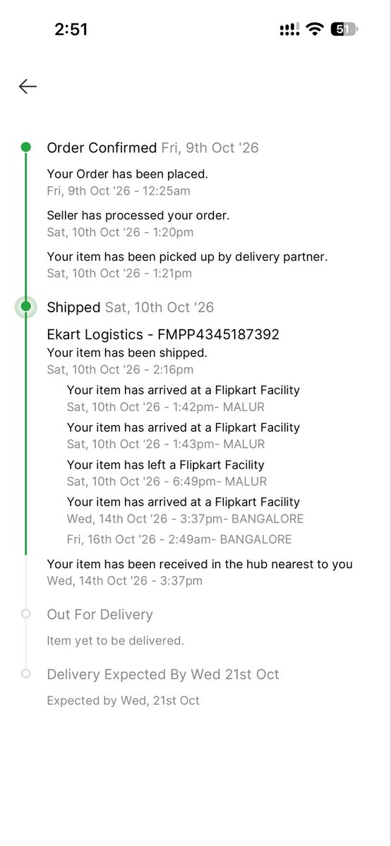 tamra41804's tweet photo. Dear @Flipkart @flipkartsupport 
I made one order on 9th October and delivery date was 11th October. From then every day it gets delayed. I raised complaint on 16th then they gave new delivery date on 18th. Then they increased it to 19th then 20th, today they postponed to 21s. https://t.co/Drki3jLHh4