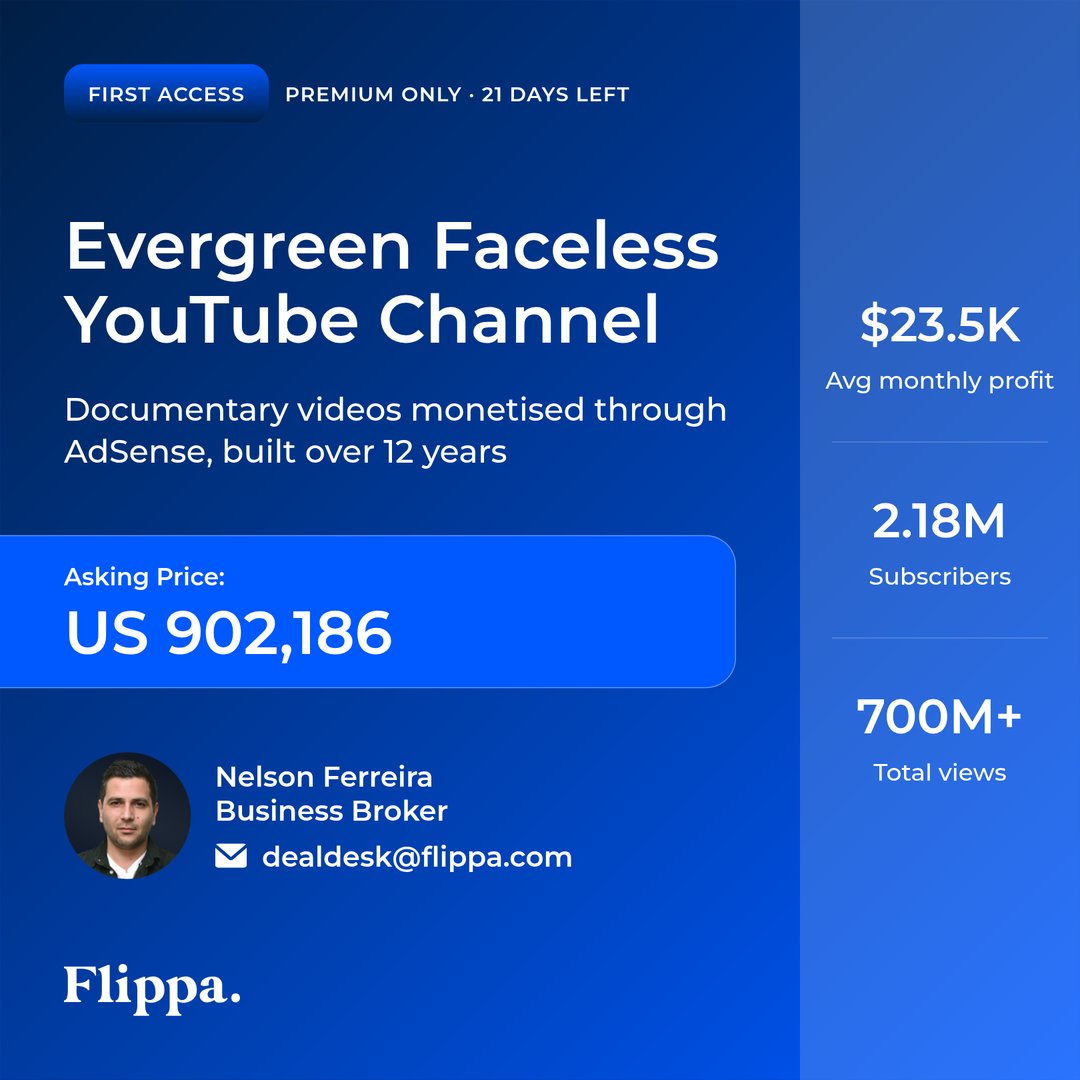 Flippa's tweet photo. New deals hit the platform 🚀 72 new First Access deals this week, 67 more now open to all.

1) 25-yr upcycled fashion brand, $250K (FA)
2) 8-yr SVG animation SaaS, $1.1M
3) 2.18M-sub YouTube channel, $902K (FA)
4) Multi-channel lash brand, $500K

Browse: https://t.co/LPVgoyvnYt https://t.co/sabL6gRut4