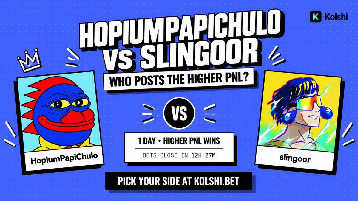 Kolshibet's tweet photo. who's cooking and who's getting cooked? 

@HopiumPapi  vs @slingoorio . 24 hours to put up the higher pnl and take the pot.

pick your side. let's see who's got it.

https://t.co/YWYTkXVORT https://t.co/K2nx7sOAmz