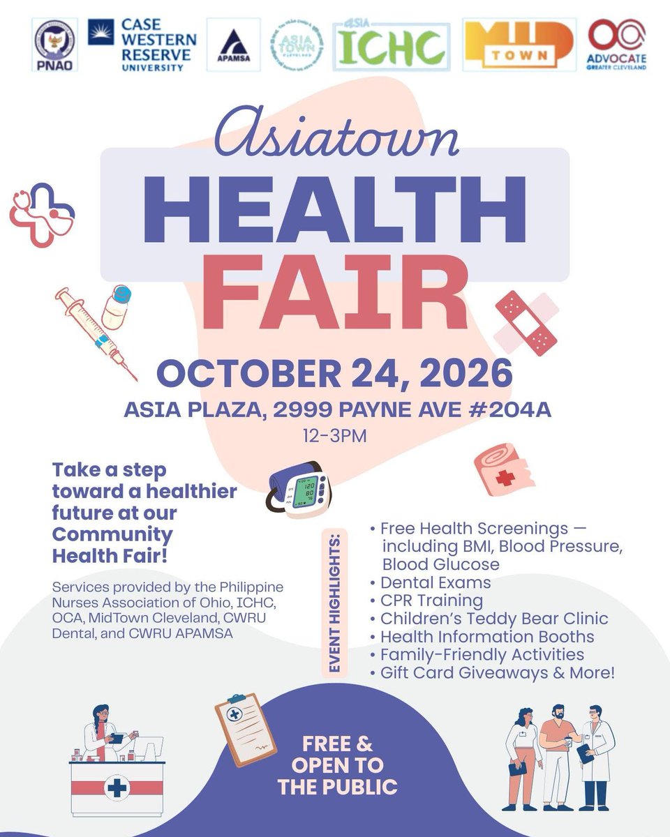 OCACleveland's tweet photo. Take a step towards a healthier future at the AsiaTown Health Fair on Saturday, Oct 24, from 12 p.m. to 3 p.m.
Services and resources provided by PNAO, ASIA-ICHC, OCA, Midtown Cleveland, CWRU Dental, CWRU APAMSA #HealthFair #ResourceFair #VoteEarlyDay https://t.co/BhFFIDpr2v