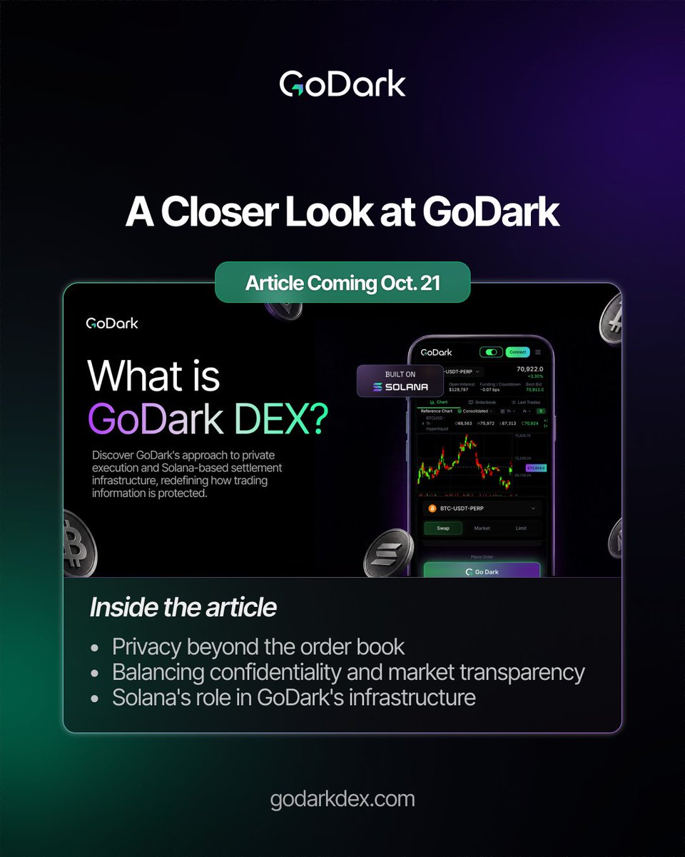 GoDark's tweet photo. A closer look at GoDark's approach to private execution, market transparency, and the infrastructure behind it.

Inside GoDark: A New Approach to Private Trading.

New article coming October 21. https://t.co/JO4skwCCtZ