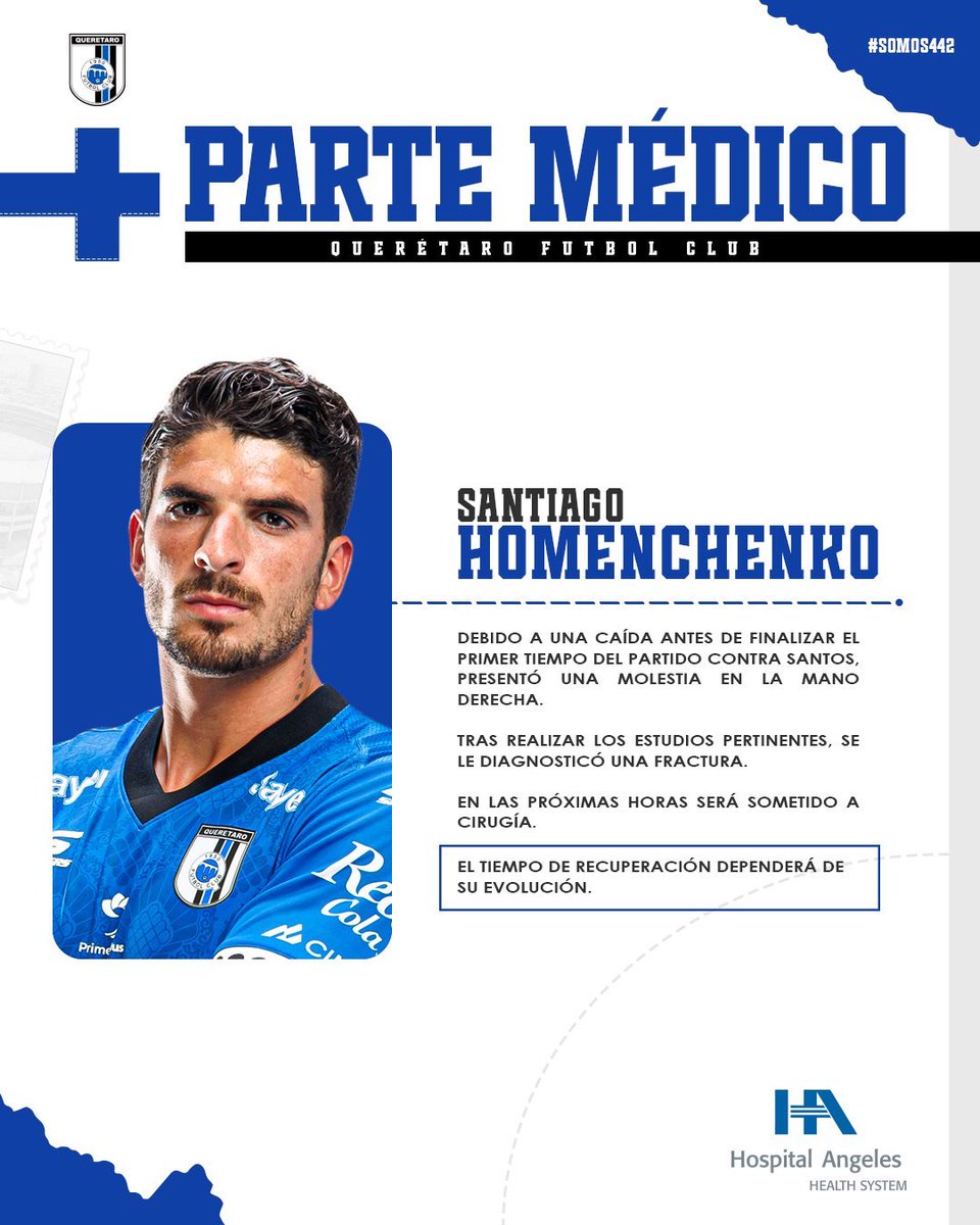 CLMerlo's tweet photo. 🚨Dura baja para Querétaro: Santiago Homenchenko, uno de los mejores medios de la Liga MX, tendrá que ser operado. 
*️⃣Sufrió una fractura en la mano derecha en el partido ante Santos Laguna. https://t.co/CKAS5XAM87