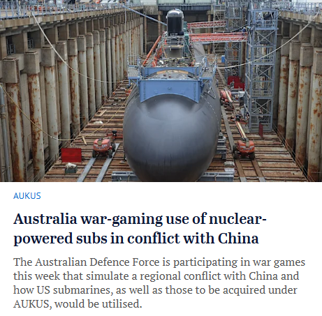DavidShoebridge's tweet photo. This is an incredibly dangerous precedent and confirms all the dangers of AUKUS - wargaming Australia as the base for a US war with China - and us even paying for it. We need to end AUKUS before this becomes real. https://t.co/vlpggQwvww