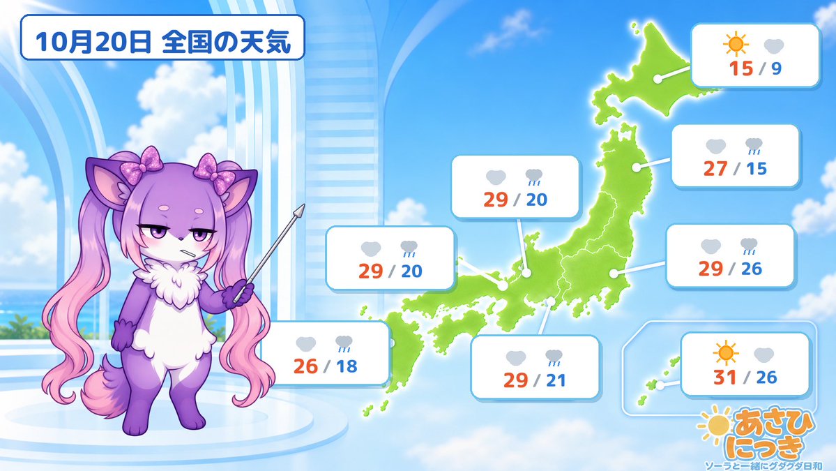 animeasahinikki's tweet photo. おはようございます☀️
今日の天気&amp;運勢をお届けします！

九州～関東は曇りや雨で、一時的な強雨☔️もあるため雨具も忘れずに！全体的に湿度が高く蒸し暑い🧖一日になりそうです。

天気予報担当はモカ💜

#あさひにっき https://t.co/Q24GIVQ2Fl