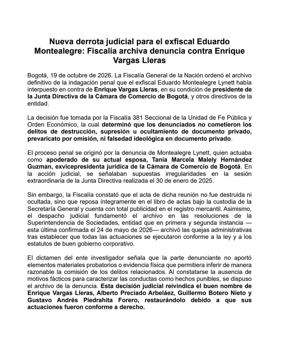 EnriqueVargasLl's tweet photo. 1/3 La estrategia de fabricar montajes en mi contra fracasó una vez más: no le funcionó a Petro ni a su amigo el exfiscal Montealegre. La justicia me dio la razón y archivó definitivamente la falsa denuncia que Eduardo Montealegre, como apoderado de su esposa Tania Hernández, interpuso contra mí y directivos de @camaracomerbog.