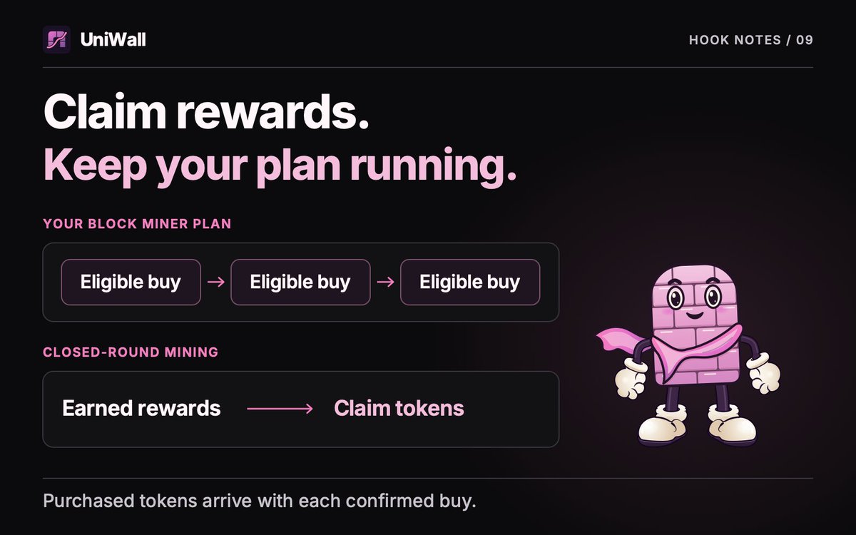 uniwallhook's tweet photo. Your miner can keep working while you claim.

Closed-round mining rewards can be claimed while a Block Miner plan continues. Purchased tokens arrive with each confirmed buy; mining rewards follow their own claim.

#uniwall #uniswap #hookv4 #hookwall https://t.co/bXp6kZ9iwD