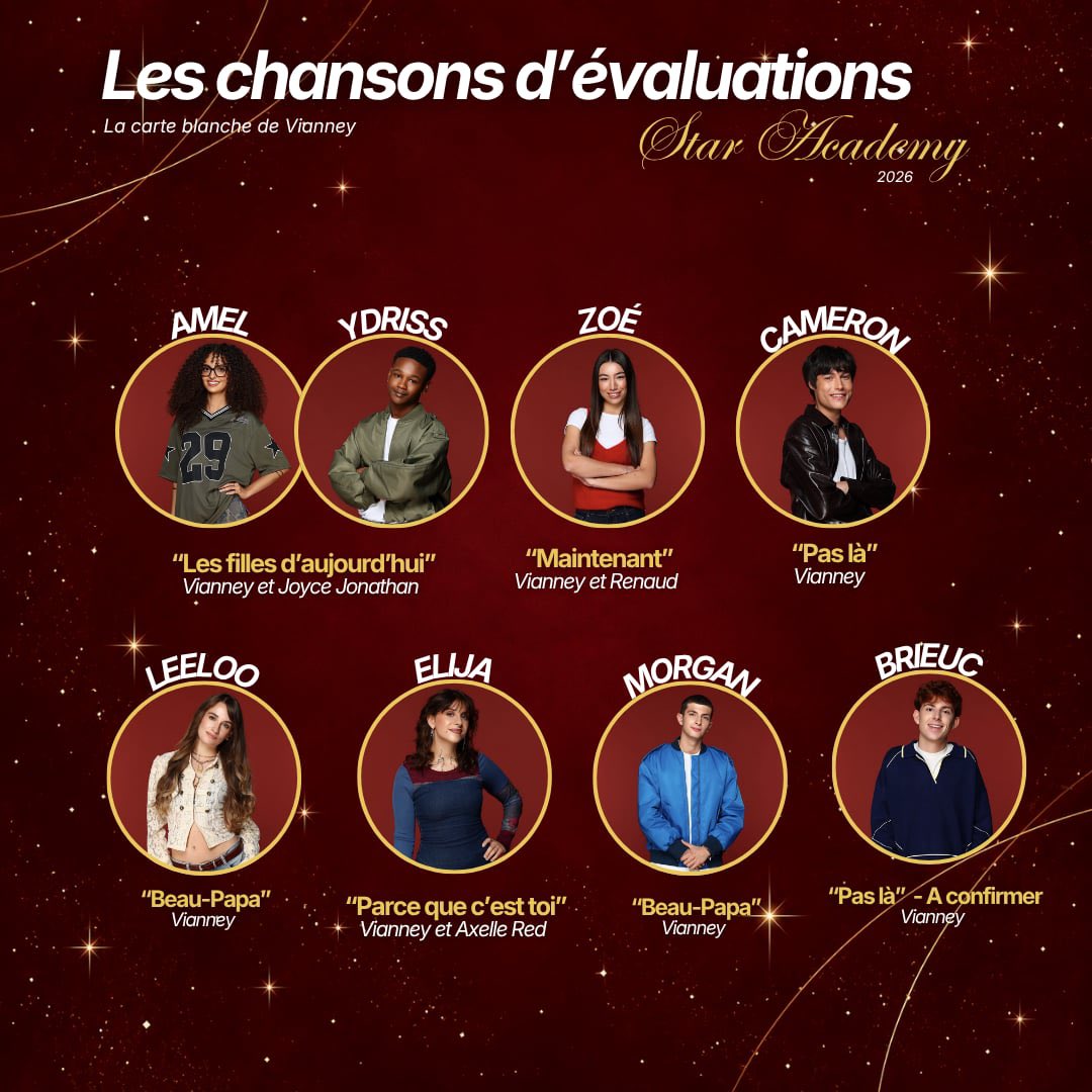 staracandco_'s tweet photo. Voici la liste des chansons choisies par les académiciens, ainsi que les duos formés pour les évaluations de demain matin ✨ #StarAcademy #StarAcademyLeLive https://t.co/NMWhM9Nyov
