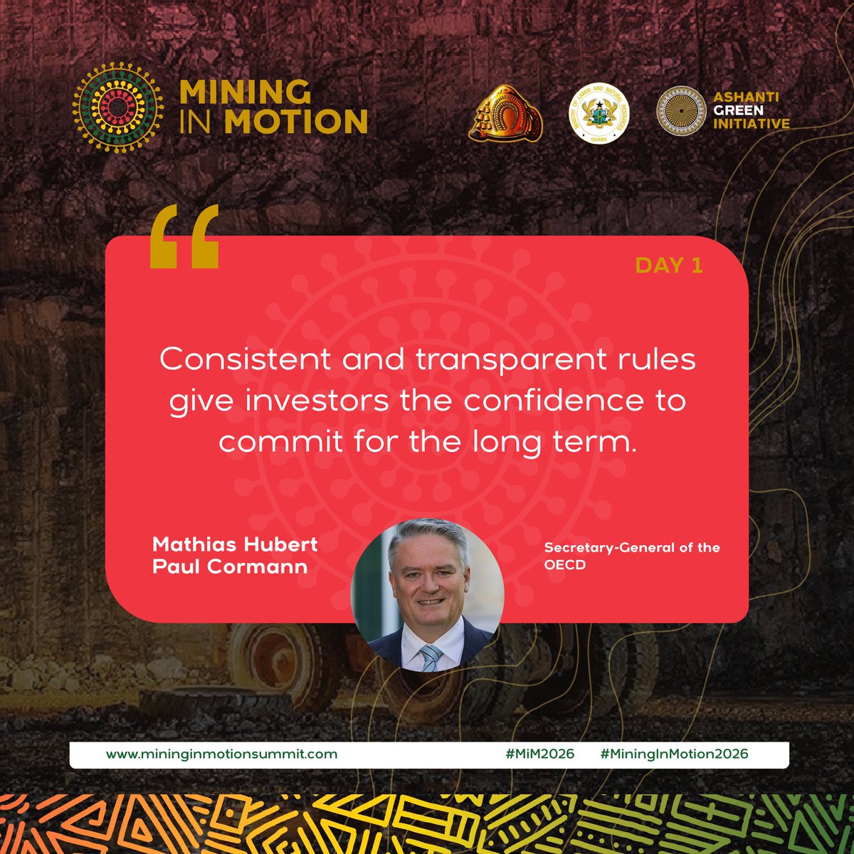 mininginmotion's tweet photo. Explore key insights from Mathias Hubert Paul Cormann, Secretary-General of the OECD, from the Mining in Motion Summit 2026. https://t.co/JDrPSM7gno