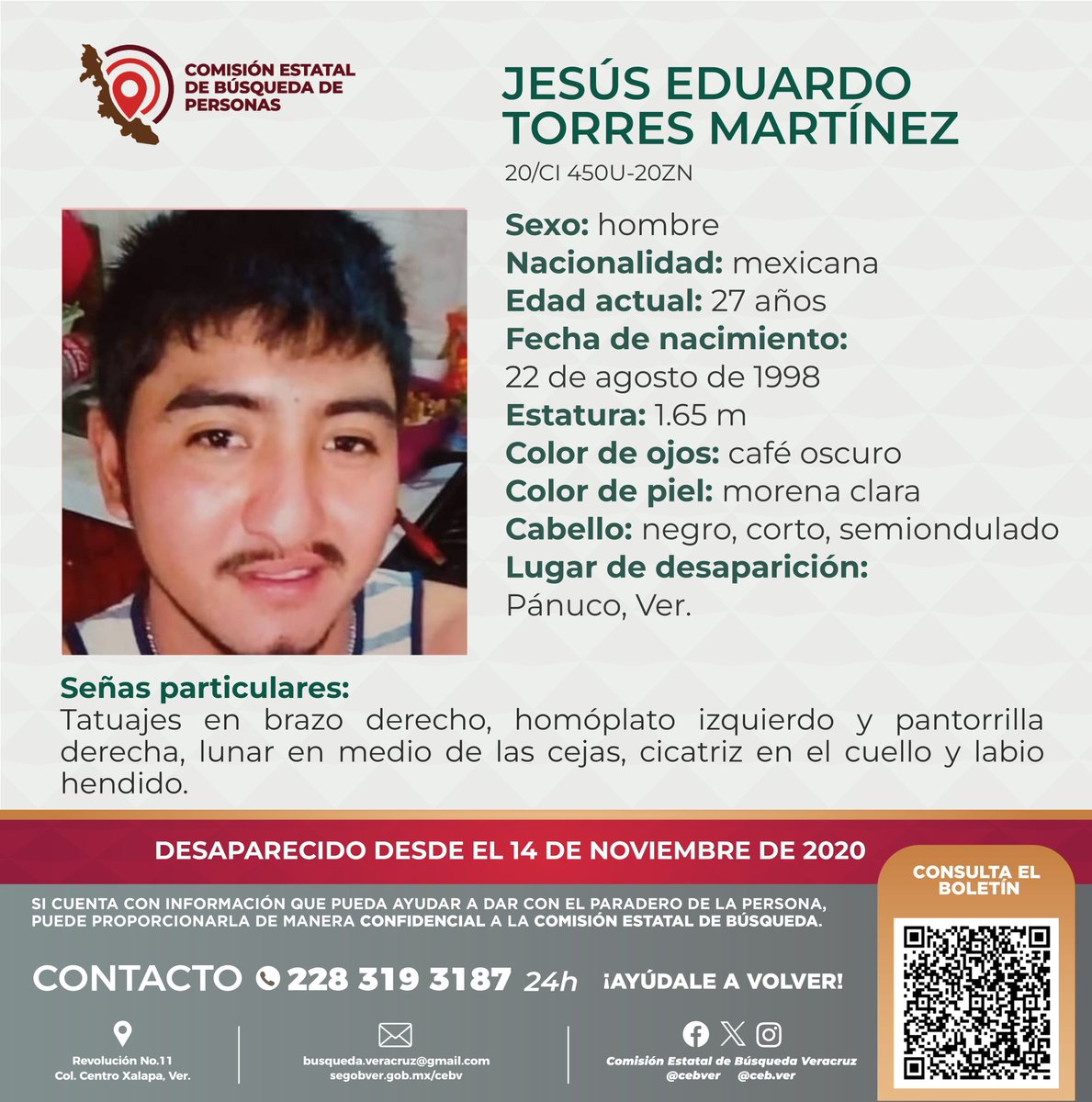 cebver's tweet photo. Solicitamos su colaboración para localizar al C. Jesús Eduardo Torres Martínez, cualquier información contactar al número y/o correo que aparecen al margen de este boletín. #Pánuco #Veracruz #Tamaulipas https://t.co/fcoChPxvf8