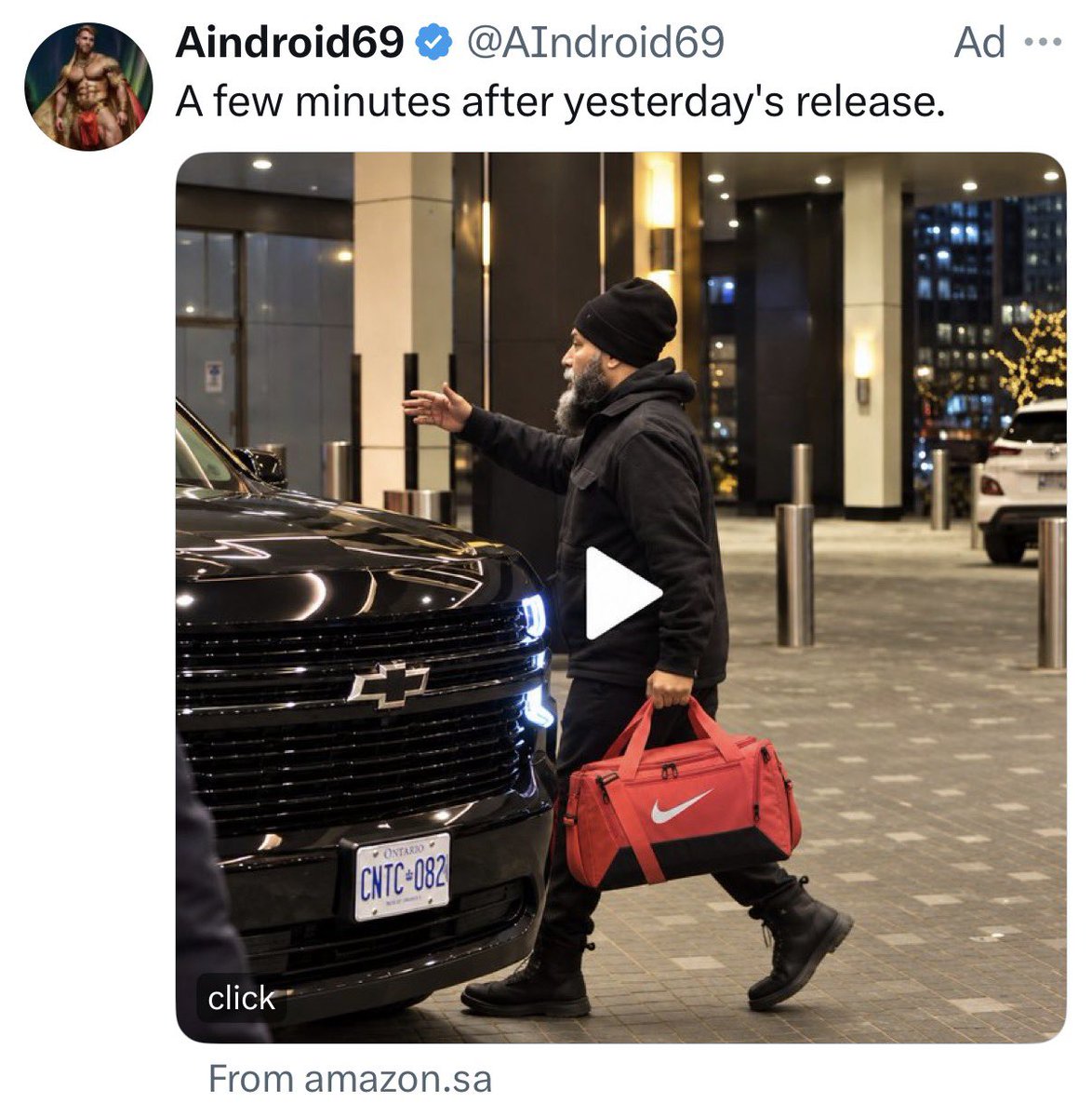 VeryBadLlama's tweet photo. at some point these have stopped feeling like ads and have started feeling like I am being digitally haunted by AI-Generated Criminal Jagmeet Singh https://t.co/wd3kQBvIBe
