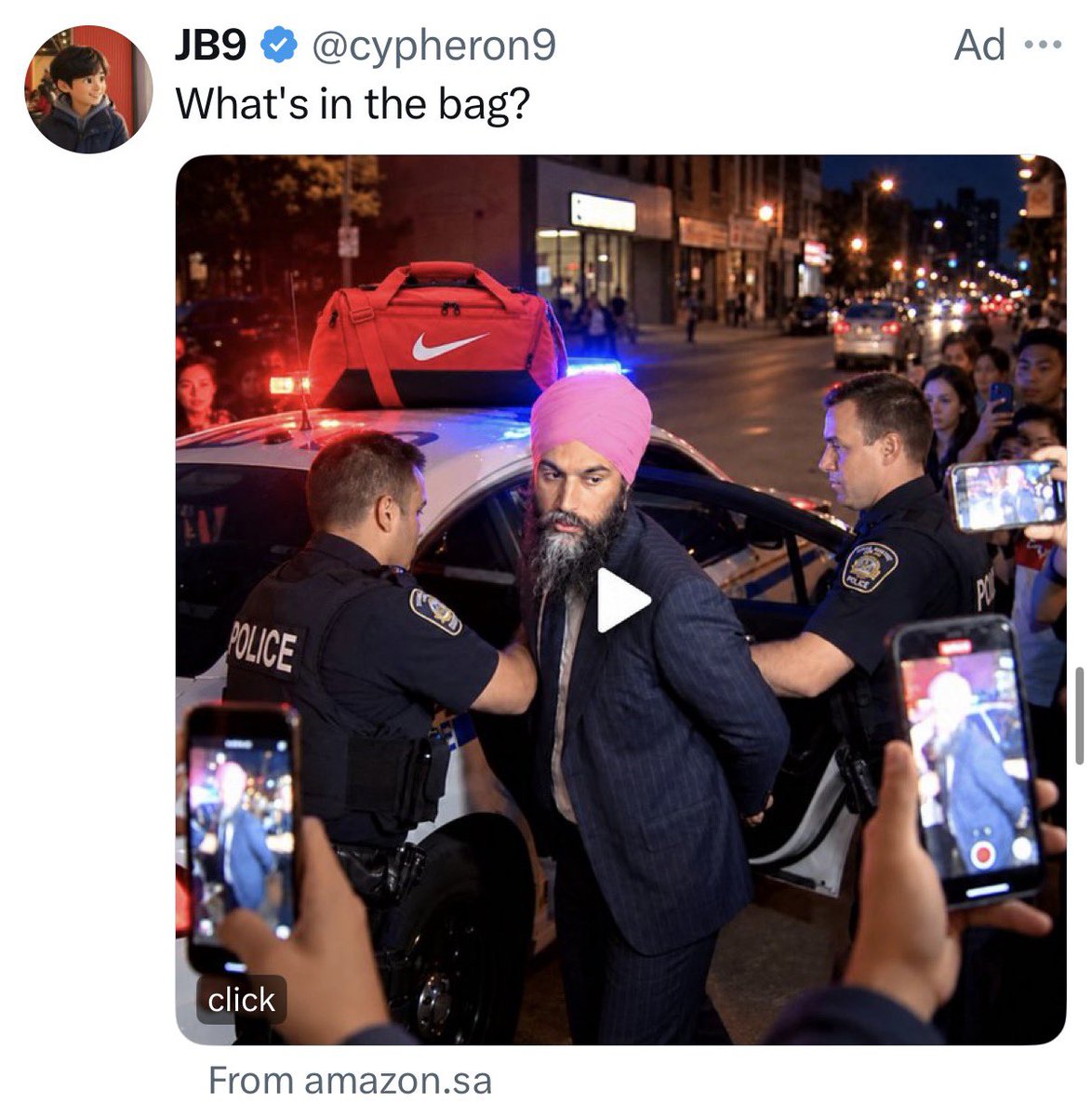 VeryBadLlama's tweet photo. at some point these have stopped feeling like ads and have started feeling like I am being digitally haunted by AI-Generated Criminal Jagmeet Singh https://t.co/wd3kQBvIBe