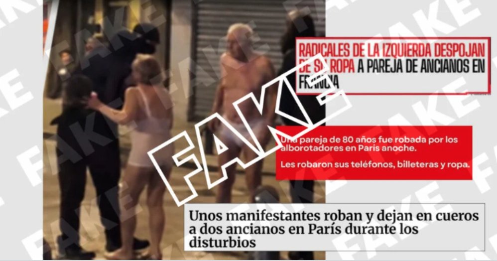 Colcheck's tweet photo. #FALSO | La imagen de dos ancianos en ropa interior supuestamente asaltados por manifestantes en París está hecha con IA
📌La foto fue generada con herramientas de OpenAI y además presenta inconsistencias típicas de la inteligencia artificial
@Newtral 
🔗https://t.co/9UTGiACkK3 https://t.co/5rvw6APxht