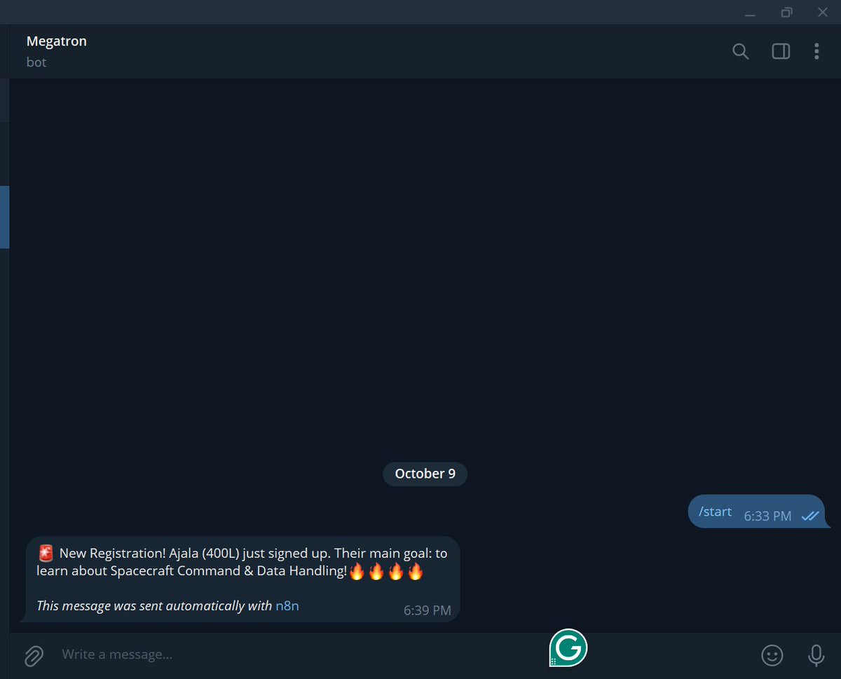 usmanbakare2's tweet photo. @AIColonyAcademy For week 1 assignment, I built a simple telegram chatbot.
It listens for new Google Form registrations and announces them directly in a community group chat. Think discord bots, but for community engagement on telegram. https://t.co/8kbXxdN8BC