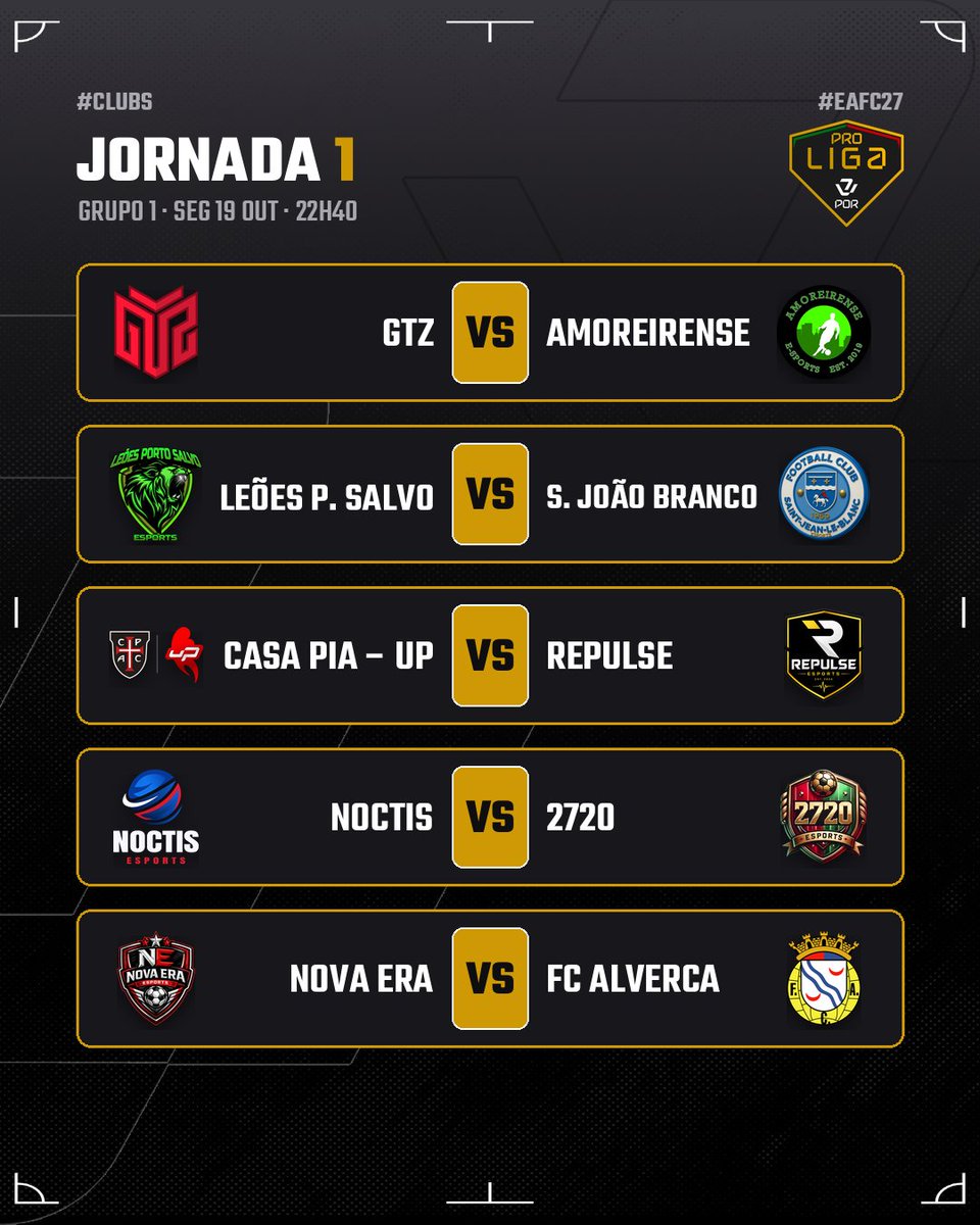 VPLPortugal's tweet photo. ARRANCA A PRO LIGA. 🏆

Season 1 · Jornada 1 · Hoje às 22h40

9 jogos. 19 equipas. 
A primeira página de 2026/27 escreve-se esta noite.

➡️ Desliza para ver os jogos dos dois grupos
Resultados amanhã por aqui.

#VPLPortugal #ProLiga #ProClubs #EAFC27 #Clubs https://t.co/mCQfpLLM2M