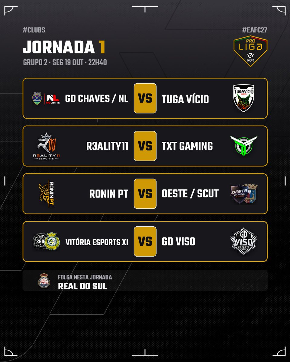 VPLPortugal's tweet photo. ARRANCA A PRO LIGA. 🏆

Season 1 · Jornada 1 · Hoje às 22h40

9 jogos. 19 equipas. 
A primeira página de 2026/27 escreve-se esta noite.

➡️ Desliza para ver os jogos dos dois grupos
Resultados amanhã por aqui.

#VPLPortugal #ProLiga #ProClubs #EAFC27 #Clubs https://t.co/mCQfpLLM2M