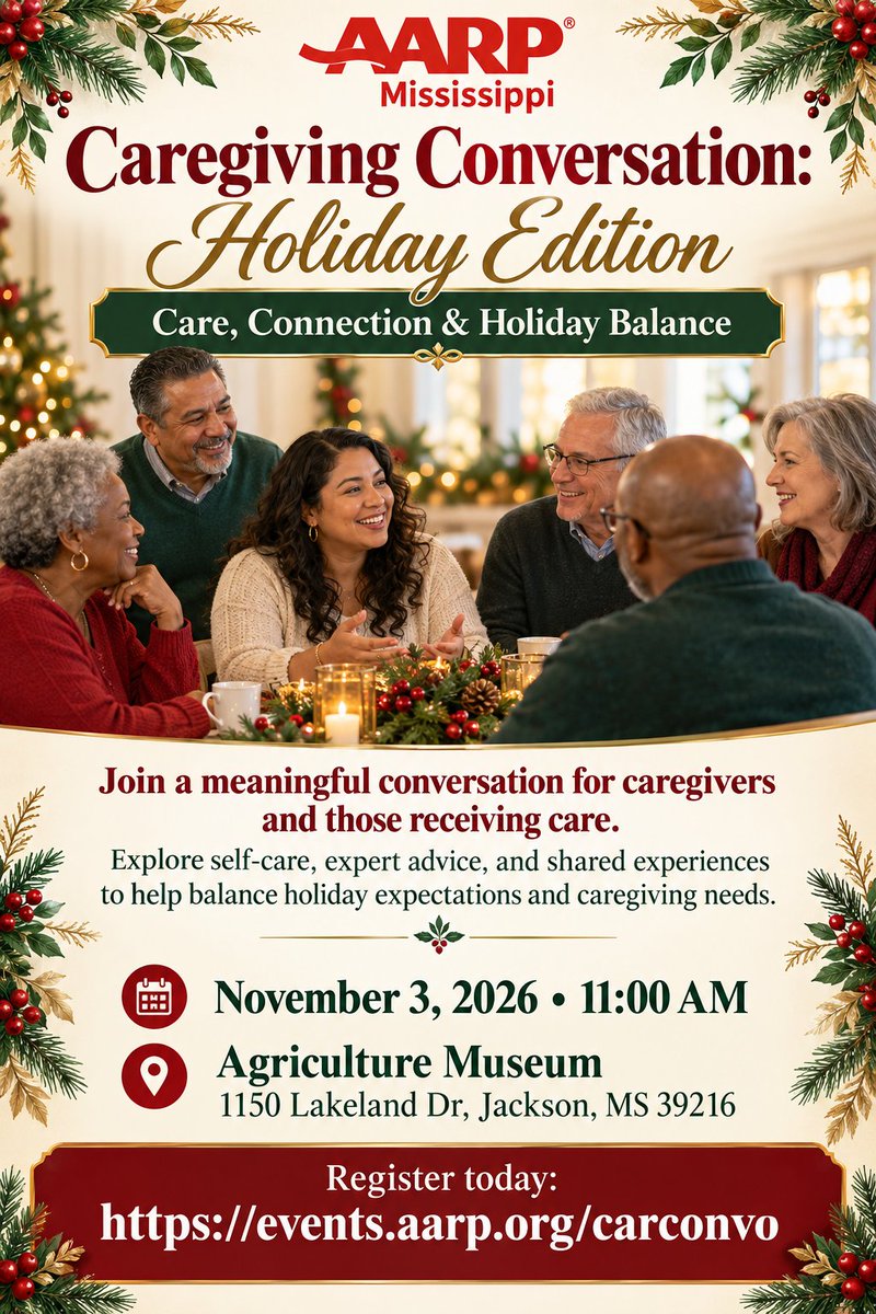AARPMS's tweet photo. The holidays can bring extra challenges for family caregivers. Join the AARP MS Caregiving Conversation facilitated by Dr. Herb Caldwell, featuring Dr. Whitley Hamer and Dr. Joshua Hamer. Register Today: https://t.co/lAaJcUvAeL https://t.co/nHsimUjBgi