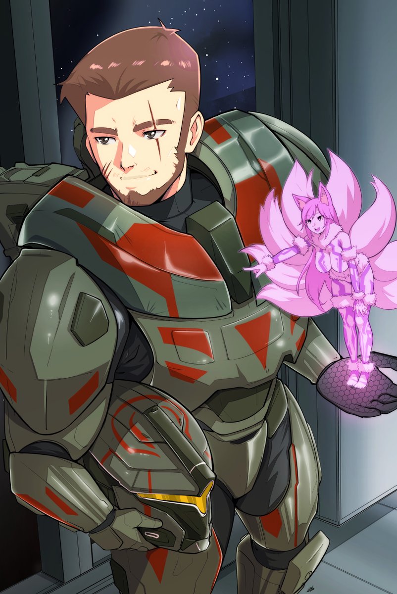 aking40k's tweet photo. An old commission by @deluxdrawing.bsky.social, something a bit different this time. This time featuring Venku armoured up in my Halo 5 Spartan’s Mjolnir (with the Deadeye helmet, damn i loved that thing) with Nyx serving as his AI. https://t.co/EXEWA7yEEH