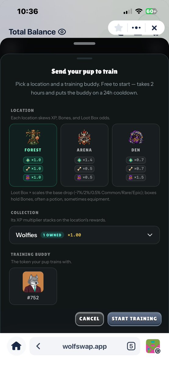 ayyoweb3's tweet photo. day 2 on wolfage and ayyo has his first win 😂

after yesterday’s defeat, i fed my pup, sent him to train and went back for another battle.

won this one with 51/55 HP left. picked up 11 trophies, 166 XP and 21 Bones, then moved up to level 2 with 5 new skill points to spend.

starting to understand the routine now: train, feed, battle and work on his stats as he levels up.

my @wolfswapwolfies pup is making progress on @wolfswapdotapp wolfage. one win and i’m already acting like a proud father 😂. 

https://t.co/2JZUu312bN