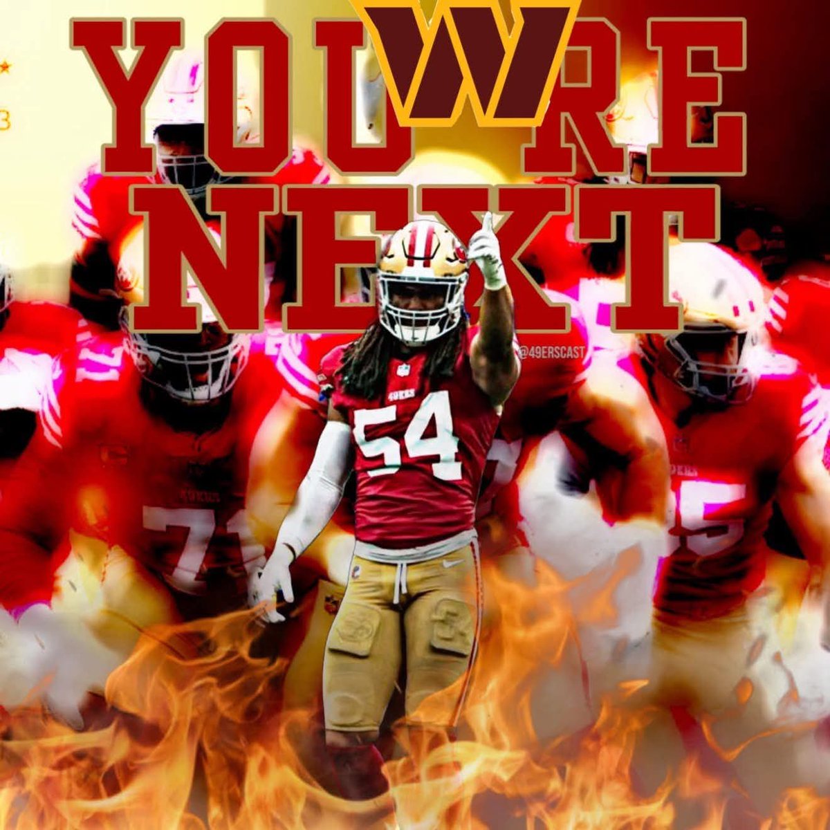 tdgreer42's tweet photo. It's Game Night MNF @jaycowing_ @jordanwatkins @Demarcus @TrentW71 @Greenlaw @jakebrendel @air_puni @cmckivitz @austinpleasants @nbsmallbear @MykelWilliams @okuayinonu @Fred_Warner @Tatune15 @deommo @RenardoGreen @upton_Stout5 @T_iigz #BeatTheCommanders ๐๐๐๐๐๐ https://t.co/1QXfv71Gi4