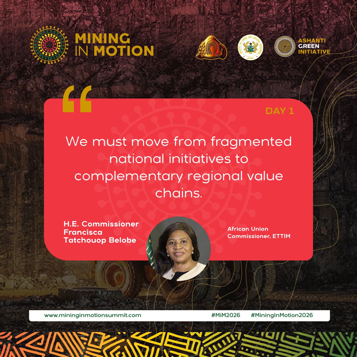 mininginmotion's tweet photo. Words Shaping Africa’s Mineral Future

Key quotes from H.E. Francisca Tatchouop Belobe @tatchouopbelobe, African Union Commissioner for Economic Development, Trade, Tourism, Industry and Minerals (ETTIM), at the Mining in Motion Summit 2026. https://t.co/WytQn3vZFo