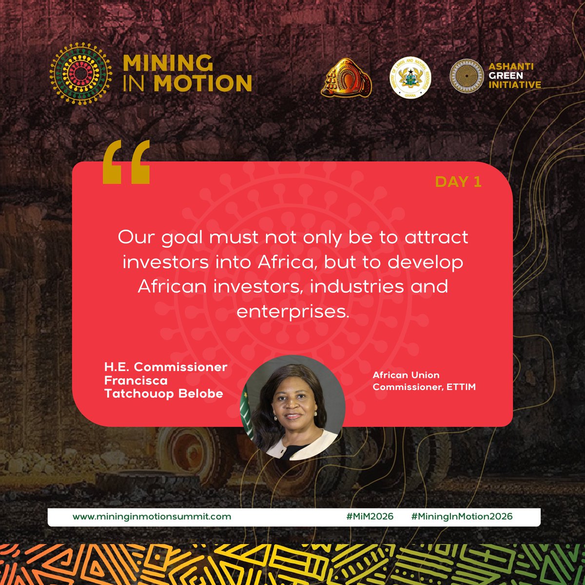 mininginmotion's tweet photo. Words Shaping Africa’s Mineral Future

Key quotes from H.E. Francisca Tatchouop Belobe @tatchouopbelobe, African Union Commissioner for Economic Development, Trade, Tourism, Industry and Minerals (ETTIM), at the Mining in Motion Summit 2026. https://t.co/WytQn3vZFo