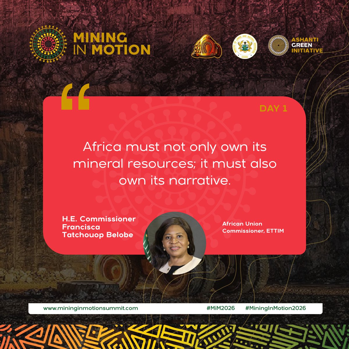 mininginmotion's tweet photo. Words Shaping Africa’s Mineral Future

Key quotes from H.E. Francisca Tatchouop Belobe @tatchouopbelobe, African Union Commissioner for Economic Development, Trade, Tourism, Industry and Minerals (ETTIM), at the Mining in Motion Summit 2026. https://t.co/WytQn3vZFo